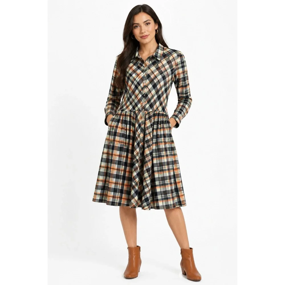 eShakti Plaid Midi Dress Women 18 Plus Size Multi Color Button Front Long Sleeve - Picture 2 of 12